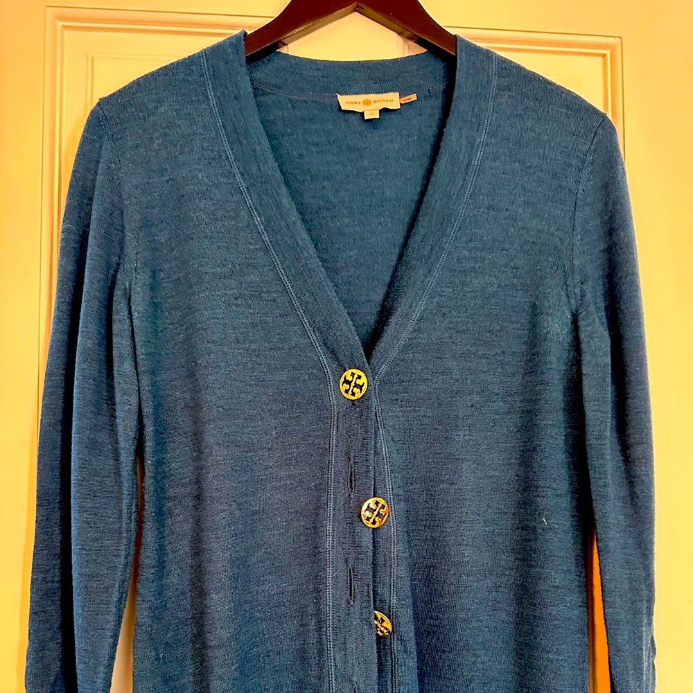Tory Burch light wool cardigan in a gorgeous ocean blue